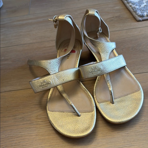 Coach Vienna Gold T strap pebble leather sandal - Picture 1 of 11